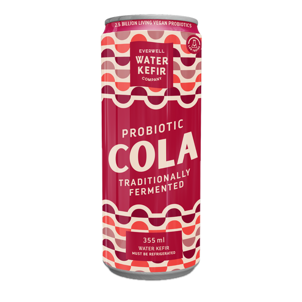 Red can of Probiotic Cola from Everwell Water Kefir Company on a white background