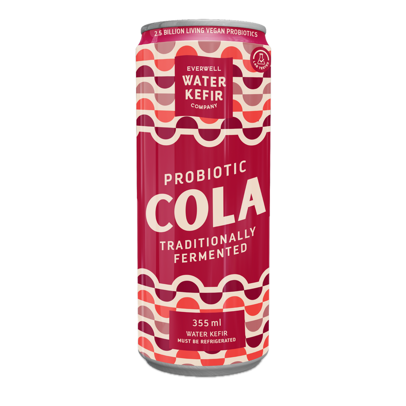 Red can of Probiotic Cola from Everwell Water Kefir Company on a white background