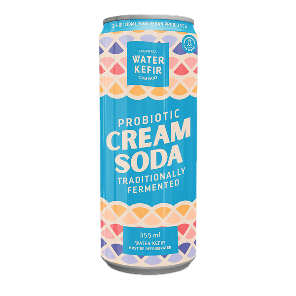 Probiotic cream soda can with colorful pattern and text on a white background