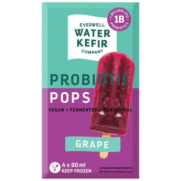 Packaging of Everwell Water Kefir Company probiotic popsicles with a grape flavor on a white background.