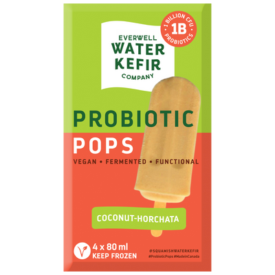 Packaging of Everwell Water Kefir Company probiotic popsicles with a coconut-horchata flavor.