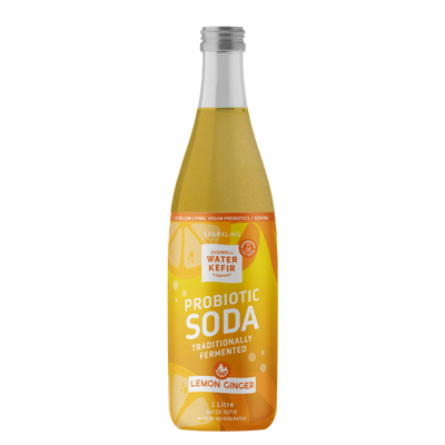 Probiotic soda bottle with lemon ginger flavor on a white background