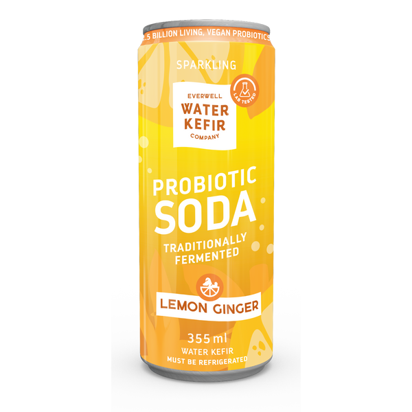 Can of Probiotic Soda Lemon Ginger by Everwell Water Kefir Company on a white background