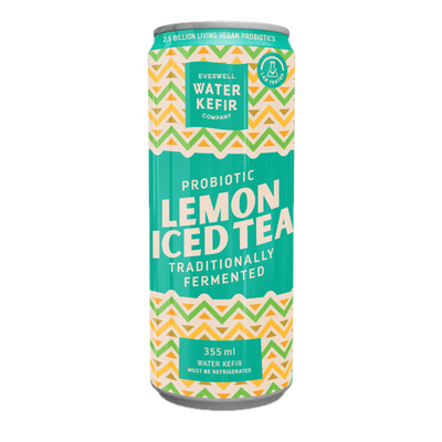 Can of Probiotic Lemon Iced Tea from Everwell Water Kefir Company on a white background