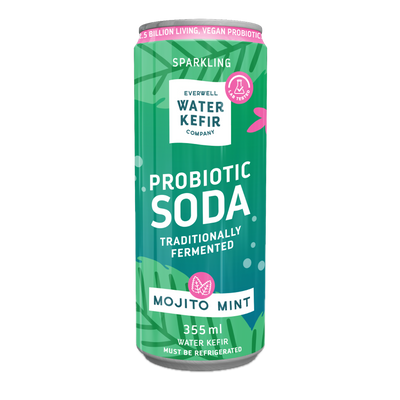 Probiotic soda can with green and white design on a white background