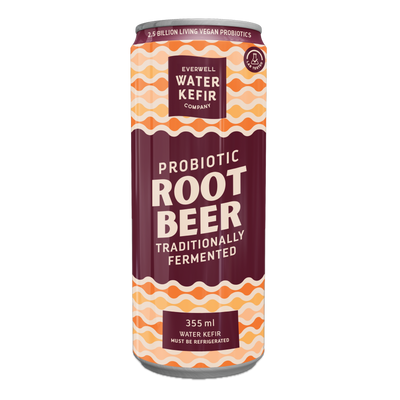 Probiotic root beer can from Everwell Water Kefir Company on a white background