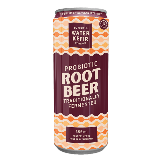 Probiotic root beer can from Everwell Water Kefir Company on a white background