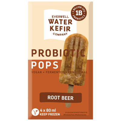 Packaging of Everwell Water Kefir Company probiotic pops with a root beer flavor on a white background.