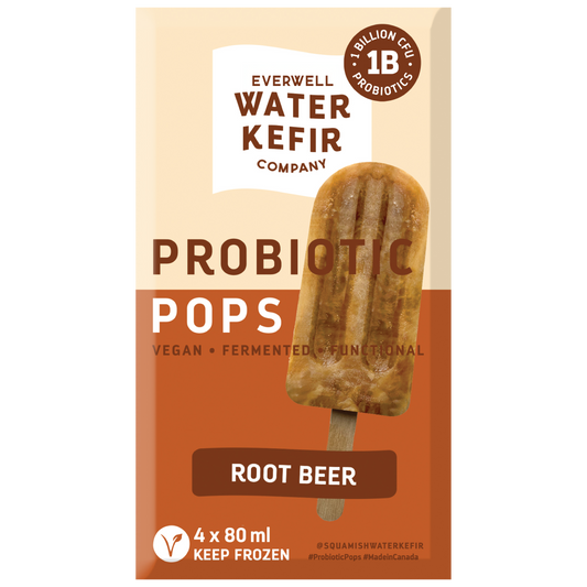 Packaging of Everwell Water Kefir Company probiotic pops with a root beer flavor on a white background.