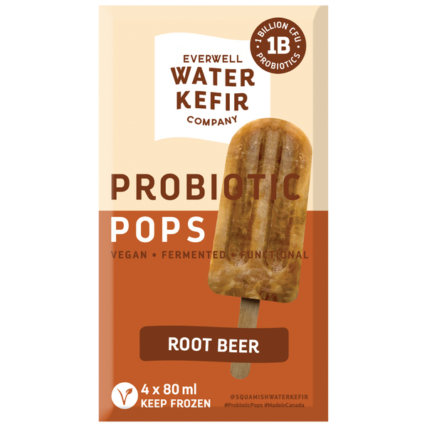 Packaging of Everwell Water Kefir Company probiotic pops with a root beer flavor on a white background.