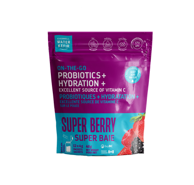 Purple and blue package of 'On-The-Go Probiotics + Hydration' with 'Super Berry' flavor on a white background.