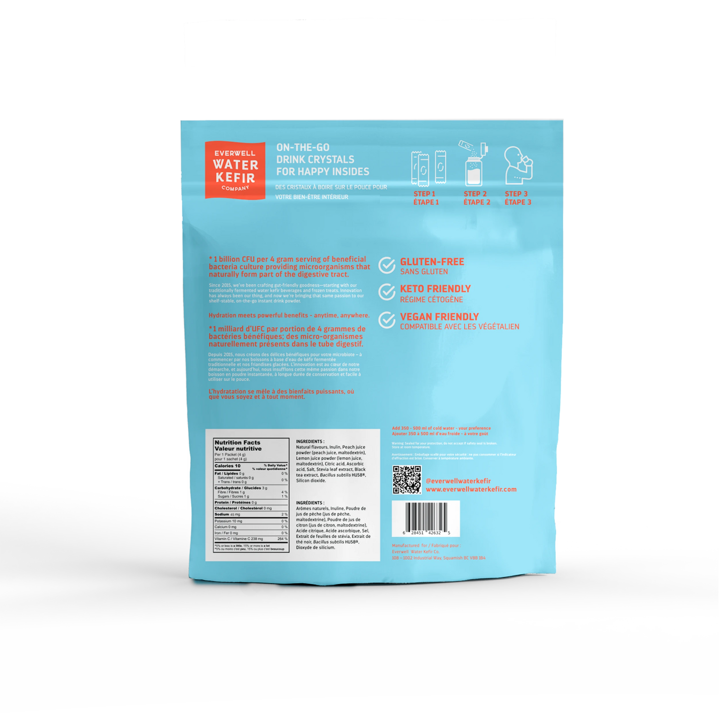 Everwell Water Kefir Peachy Iced Tea probiotic drink mix powder ingredients and product information