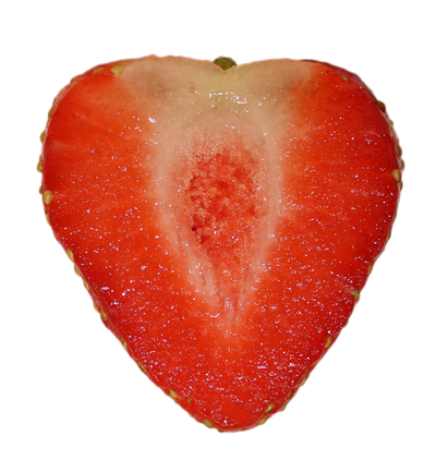 Heart-shaped strawberry cut in half on a white background