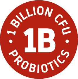 Orange circular logo with 1 Billion CFU Probiotics text on orange background