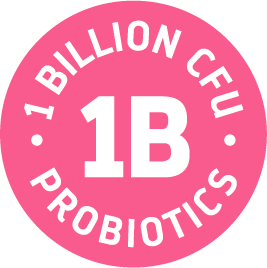 Pink circular badge with 1 Billion CFU Probiotics text on pink background