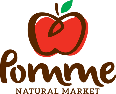 Logo of Pomme Natural Market with a red apple and brown text on a white background