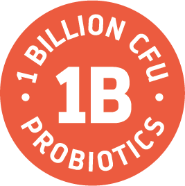 Red circular logo with 1 Billion CFU Probiotics text on red background