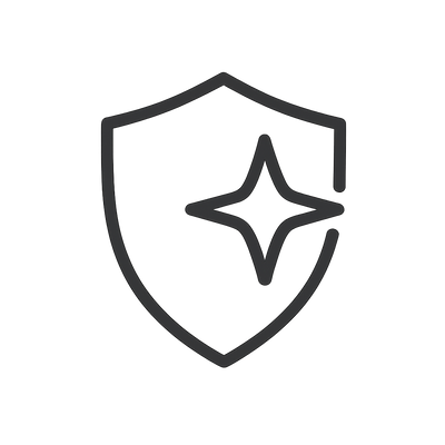 Black line art icon of a shield with a star in the center on a white background