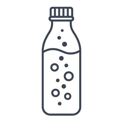 Line drawing illustration of a sparkling beverage bottle with floating bubbles on white background