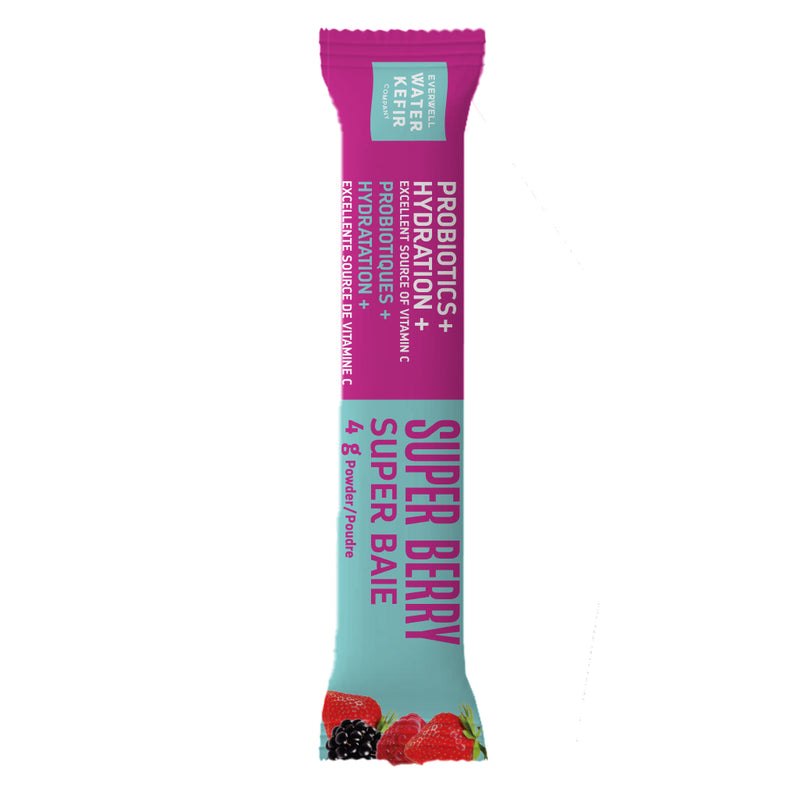 Water Kefir Super Berry drink mix sachet with probiotics and hydration on a white background