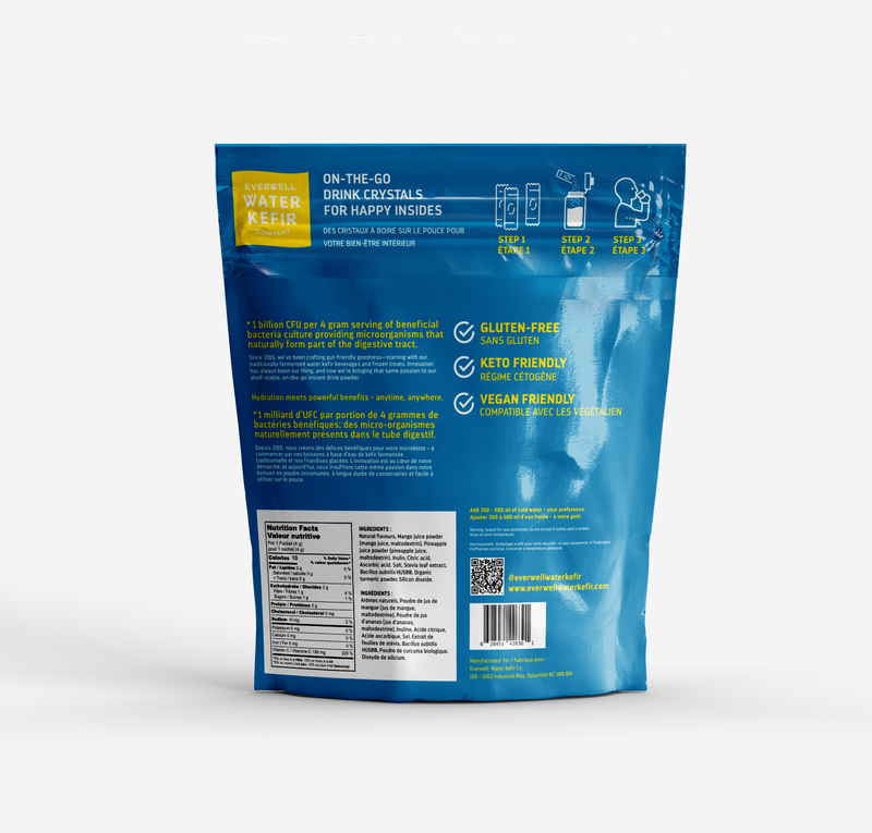 Blue package of watermelon-flavored drink crystals or powder on a white background