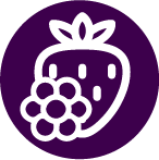 White icon of a strawberry with leaves on a purple circle background