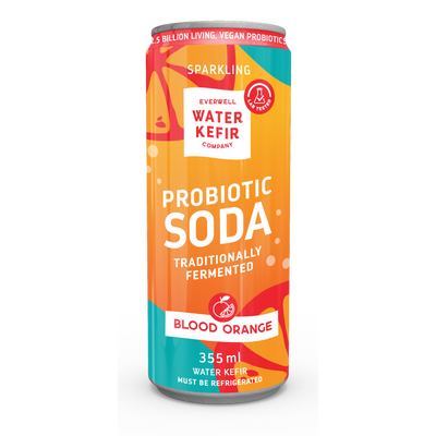 Can of Probiotic Soda Blood Orange flavor from Everwell Water Kefir Company on a white background