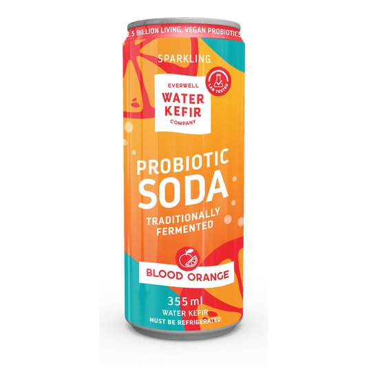 Can of Probiotic Soda Blood Orange flavor from Everwell Water Kefir Company on a white background