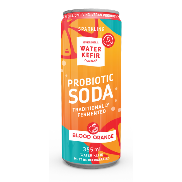 Can of Probiotic Soda Blood Orange flavor from Everwell Water Kefir Company on a white background