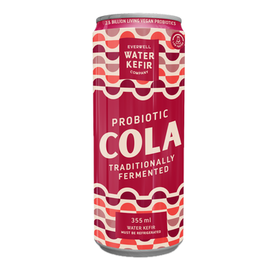 Red can of Probiotic Cola from Everwell Water Kefir Company on a white background