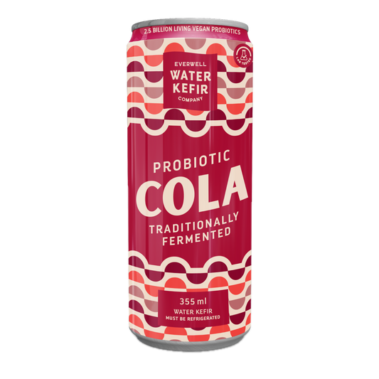 Red can of Probiotic Cola from Everwell Water Kefir Company on a white background