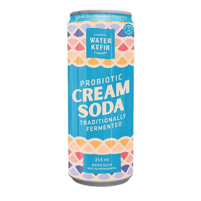 Probiotic cream soda can with colorful pattern and text on a white background