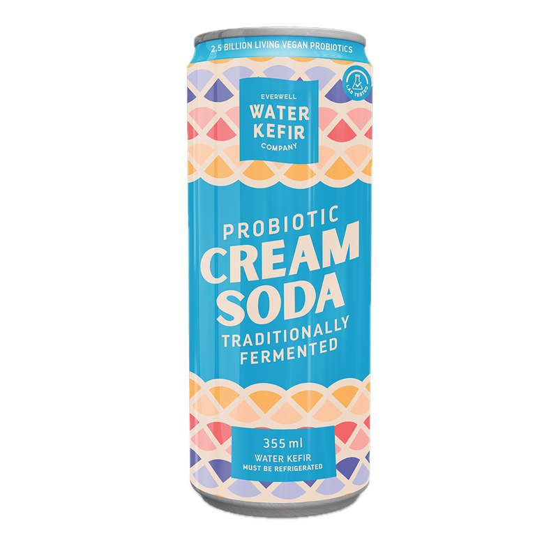 Probiotic cream soda can with colorful pattern and text on a white background