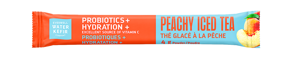 A single-serve water kefir probiotic snack stick in Peachy Iced Tea flavor. The packaging features a bright orange and light blue design with a graphic of a peach on the right side.