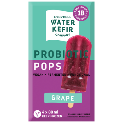 Packaging of Everwell Water Kefir Company probiotic popsicles with a grape flavor on a white background.