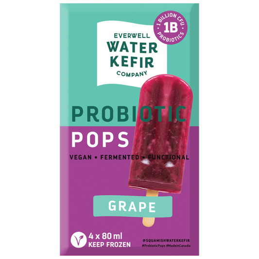 Packaging of Everwell Water Kefir Company probiotic popsicles with a grape flavor on a white background.