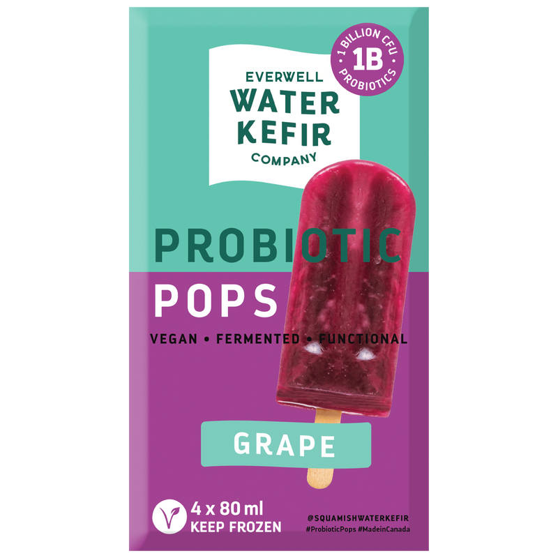 Packaging of Everwell Water Kefir Company probiotic popsicles with a grape flavor on a white background.