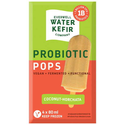 Packaging of Everwell Water Kefir Company probiotic popsicles with a coconut-horchata flavor.
