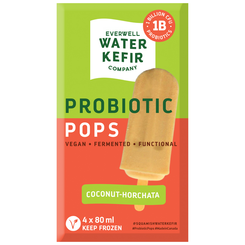 Packaging of Everwell Water Kefir Company probiotic popsicles with a coconut-horchata flavor.