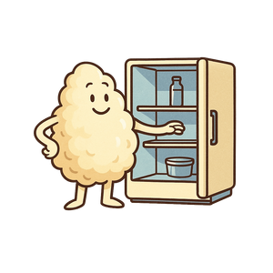 Illustration of a cartoon bread character opening a refrigerator.