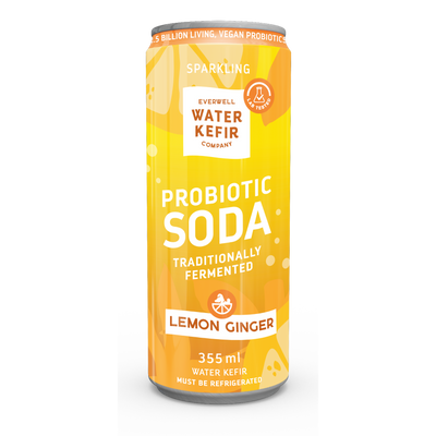 Can of Probiotic Soda Lemon Ginger by Everwell Water Kefir Company on a white background