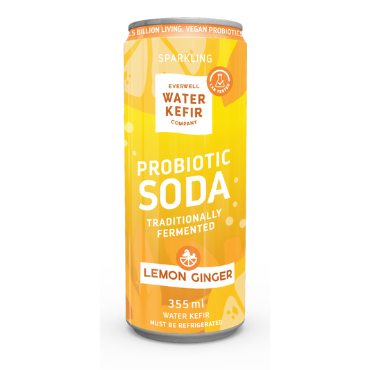 Can of Probiotic Soda Lemon Ginger by Everwell Water Kefir Company on a white background
