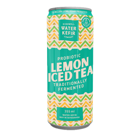 Can of Probiotic Lemon Iced Tea from Everwell Water Kefir Company on a white background