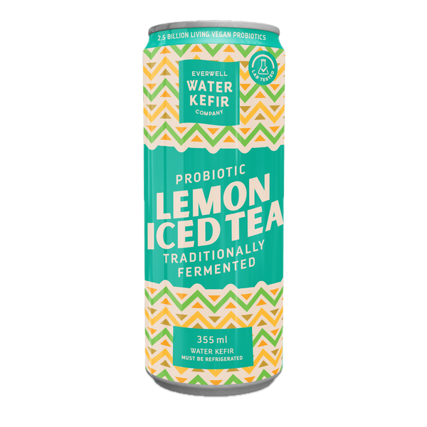 Can of Probiotic Lemon Iced Tea from Everwell Water Kefir Company on a white background