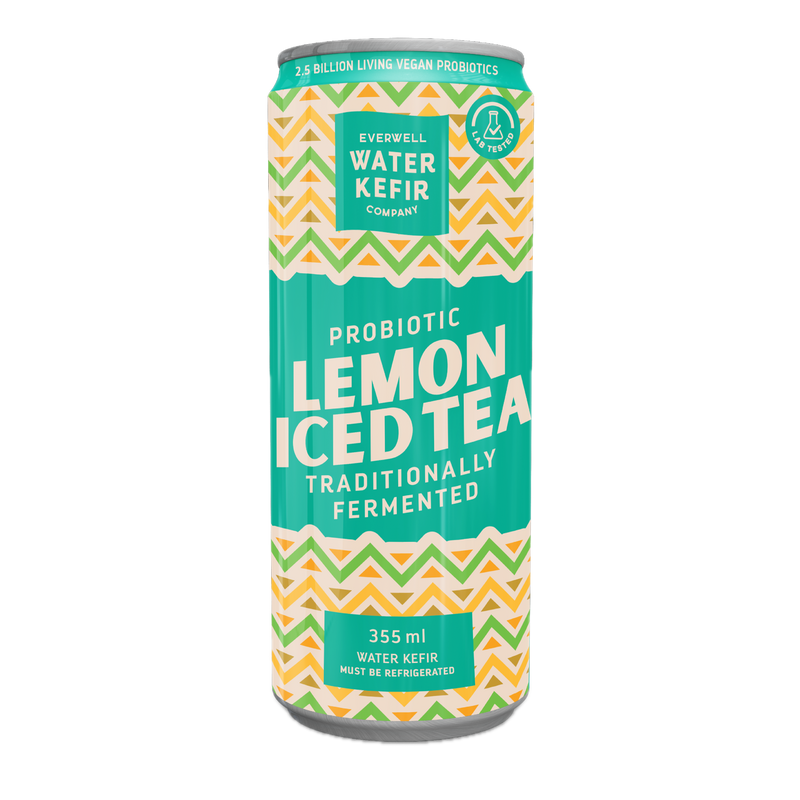 Can of Probiotic Lemon Iced Tea from Everwell Water Kefir Company on a white background