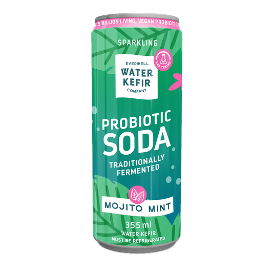 Probiotic soda can with green and white design on a white background