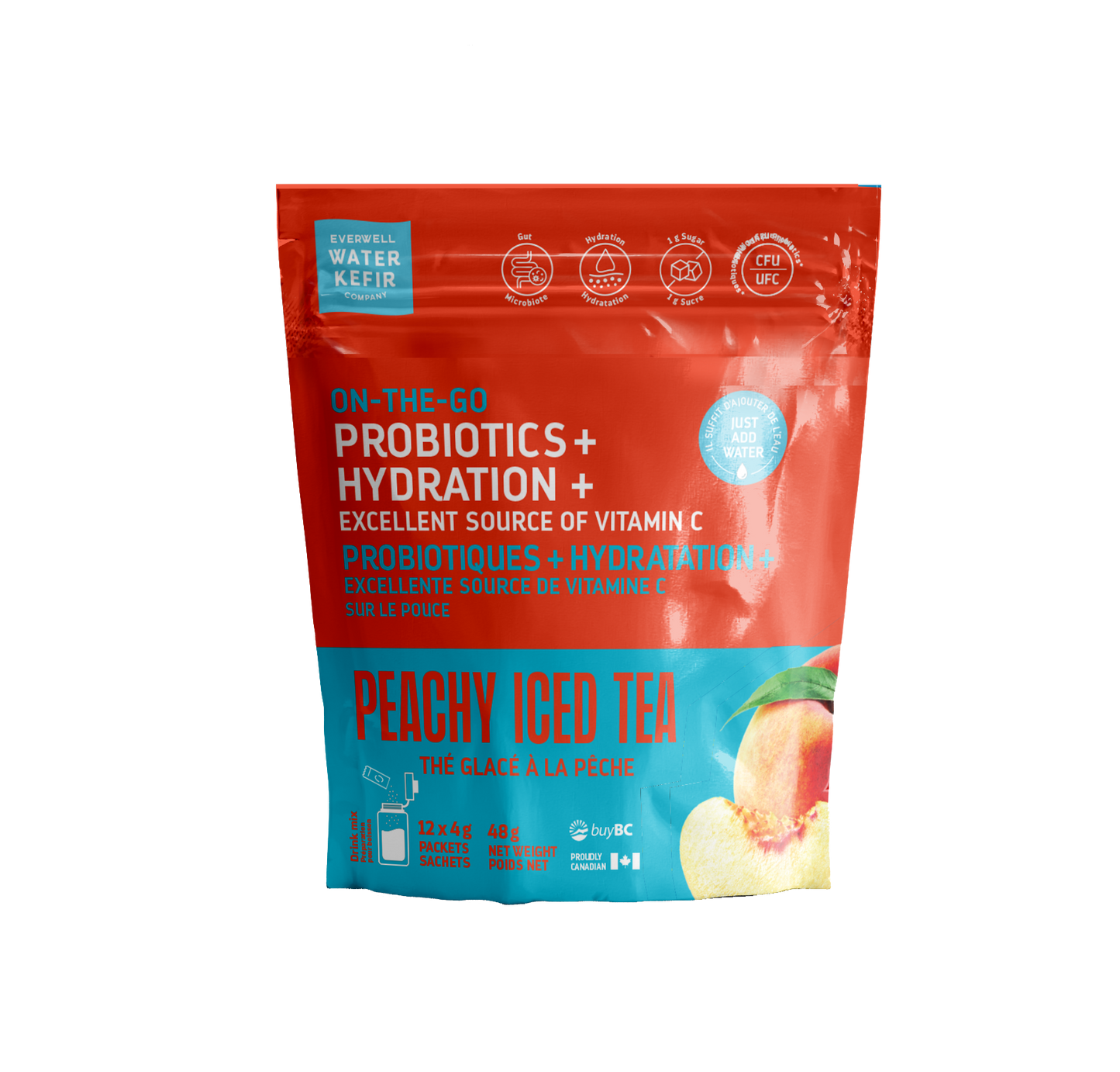 Red and blue package of peachy iced tea with probiotics and hydration on a white background