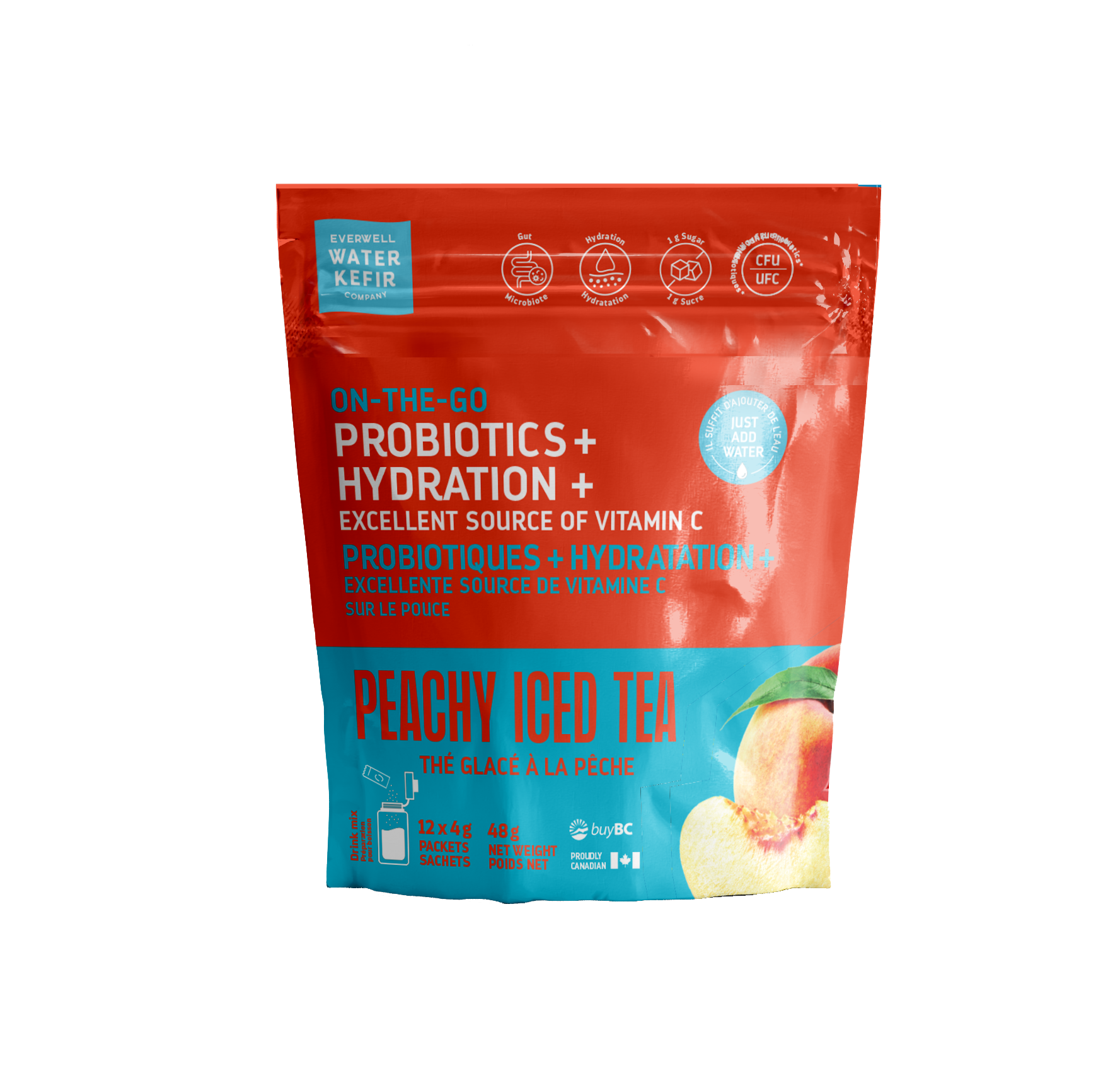Red and blue package of peachy iced tea with probiotics and hydration on a white background