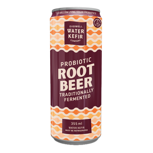 Probiotic root beer can from Everwell Water Kefir Company on a white background