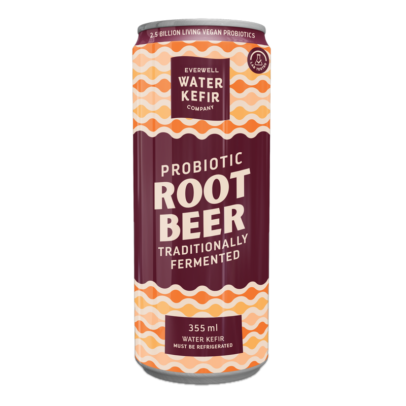 Probiotic root beer can from Everwell Water Kefir Company on a white background